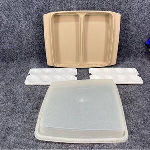 Vintage TUPPERWARE Deviled Egg Keeper/Server 2-Tray Container 722 & 723 Almond